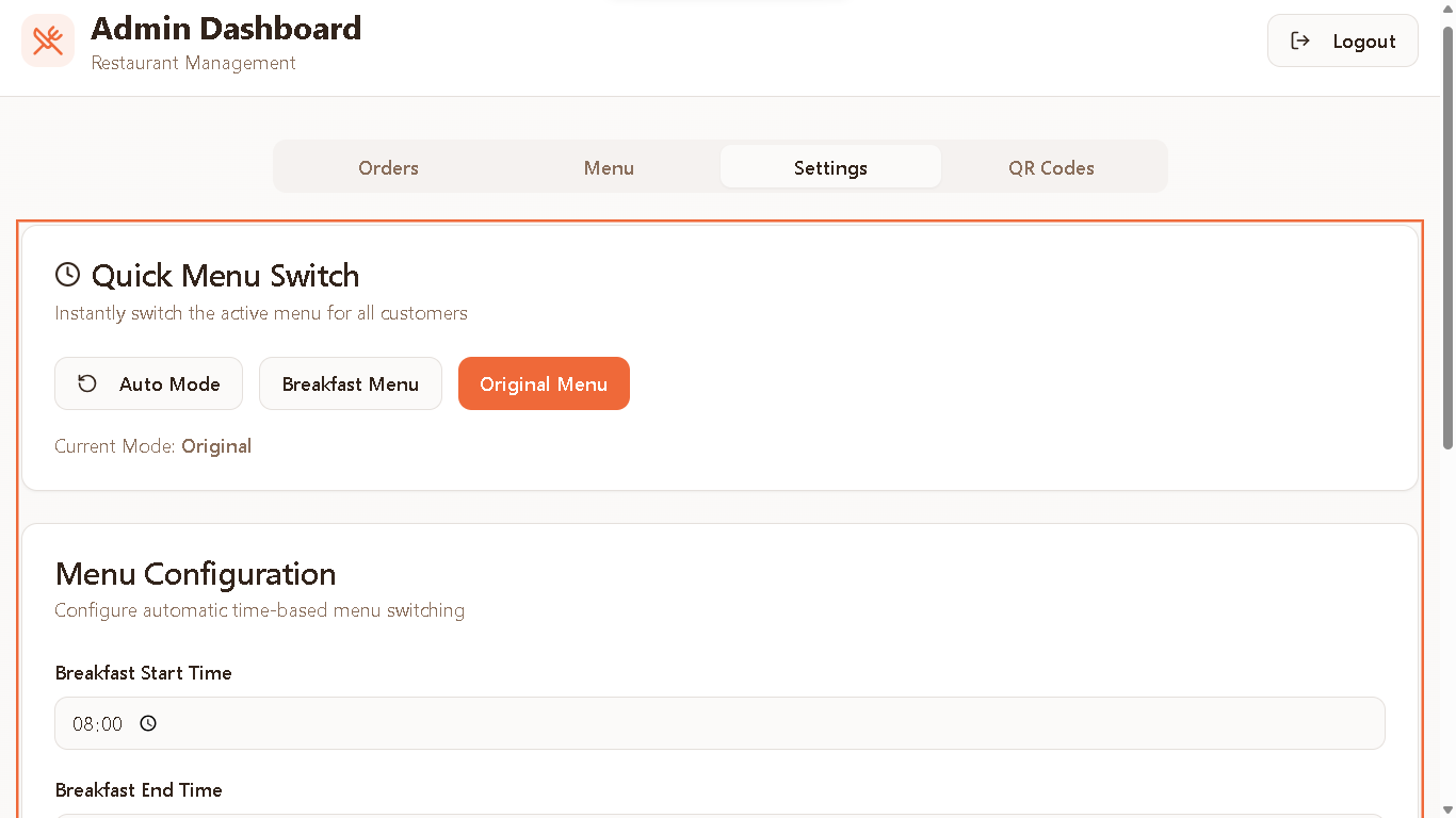 Restaurant dashboard screenshot